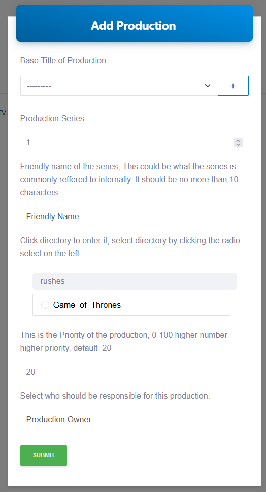 Add Production Modal
